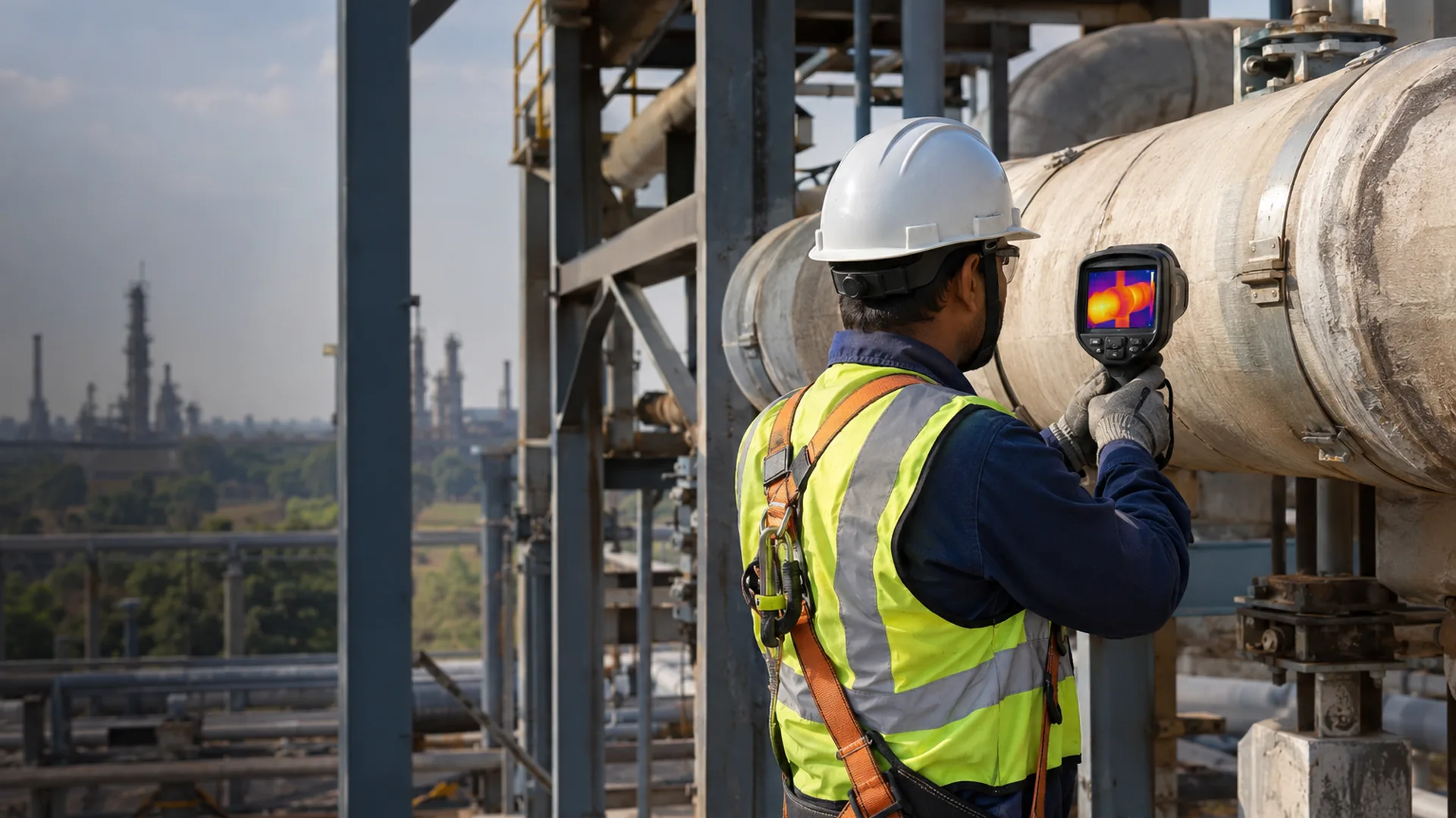 An engineer checking surface temperature of an insulated steam line with a thermal imaging camera