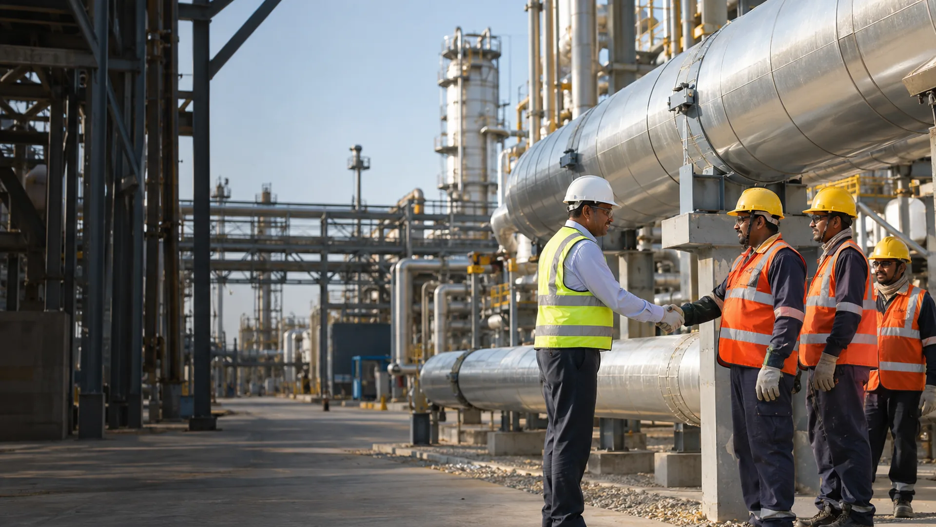 An insulation crew and supervisor handing over a finished clad pipeline to the plant engineer